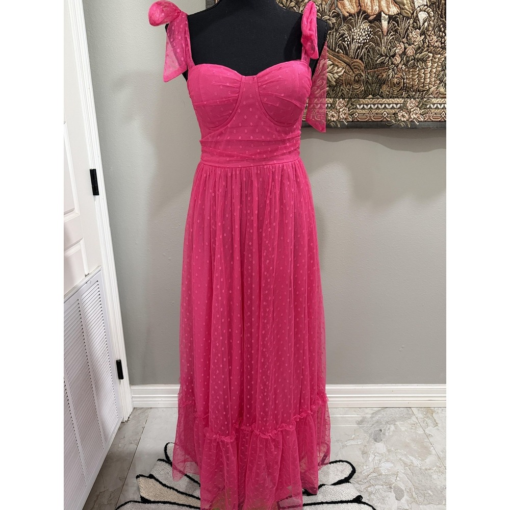 Dress Womens‎ XS Pink Polka Dot Sweetheart Tulle Maxi Ruffle Fit Flare Gown